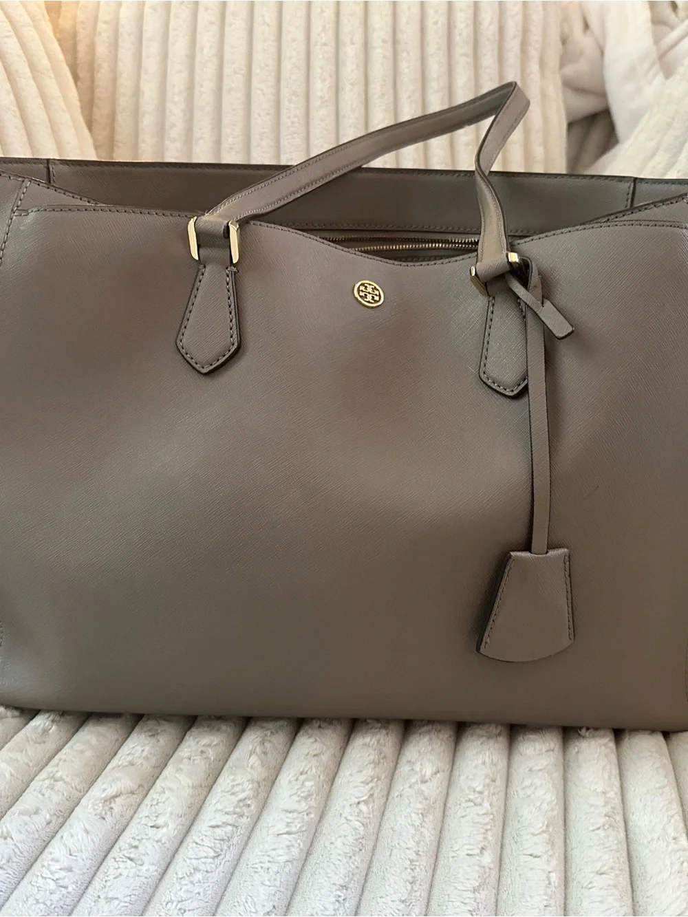 Tory Burch Saffiano Leather Tote in Taupe Gray with Gold Logo